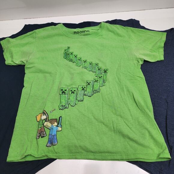 Boy's Minecraft Creeper Green Tee & 2 Solid Blue Short Sleeve T-Shirts Size M/LG - Picture 1 of 8